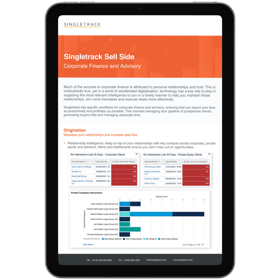 Cover of Singletrack's corporate finance and advisory fact sheet