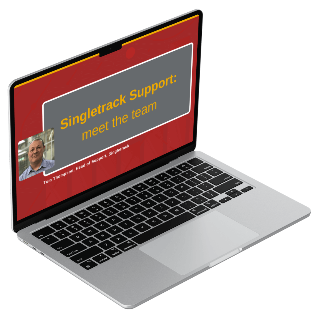 Laptop showing blog article about Singletrack customer support