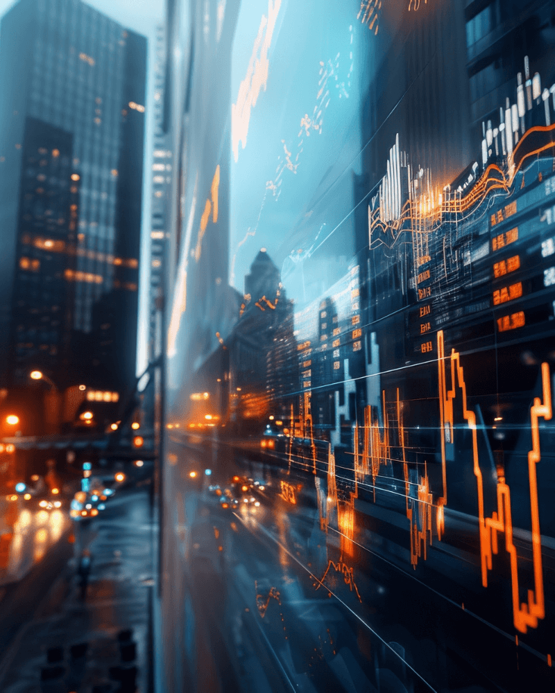 Stock chart reflected in building representing investment banks